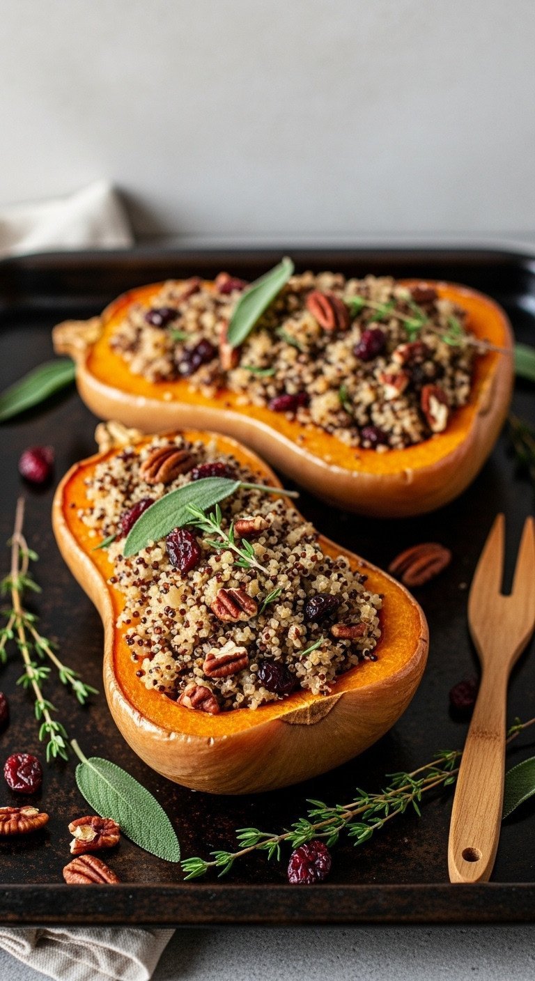 Roasted butternut squash halves stuffed with quinoa, cranberries, pecans, and herbs on a black baking sheet.