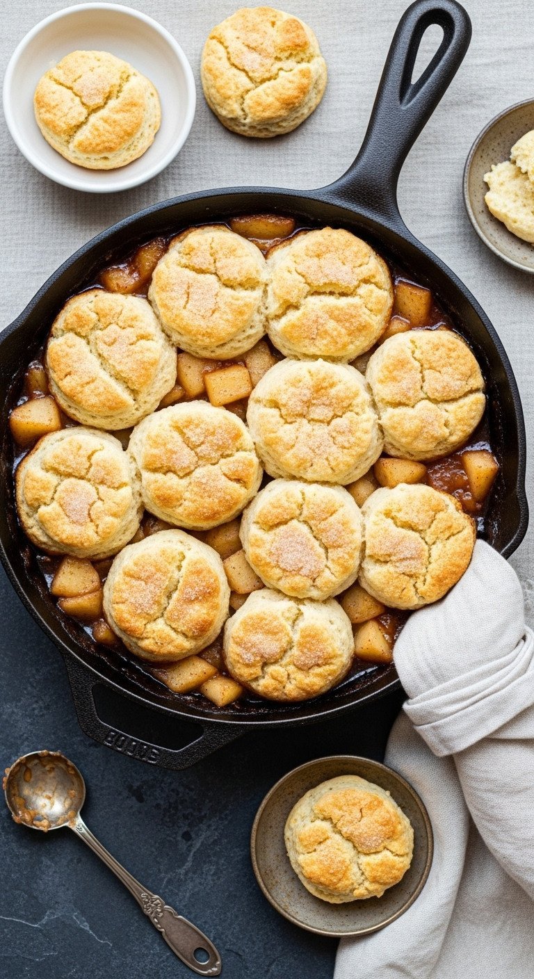 11 Best Apple Recipes Plus The Ultimate Baking Variety Guide 5 Rustic apple cobbler in cast iron skillet with golden buttermilk biscuits, syrupy apples, sugar dusting.