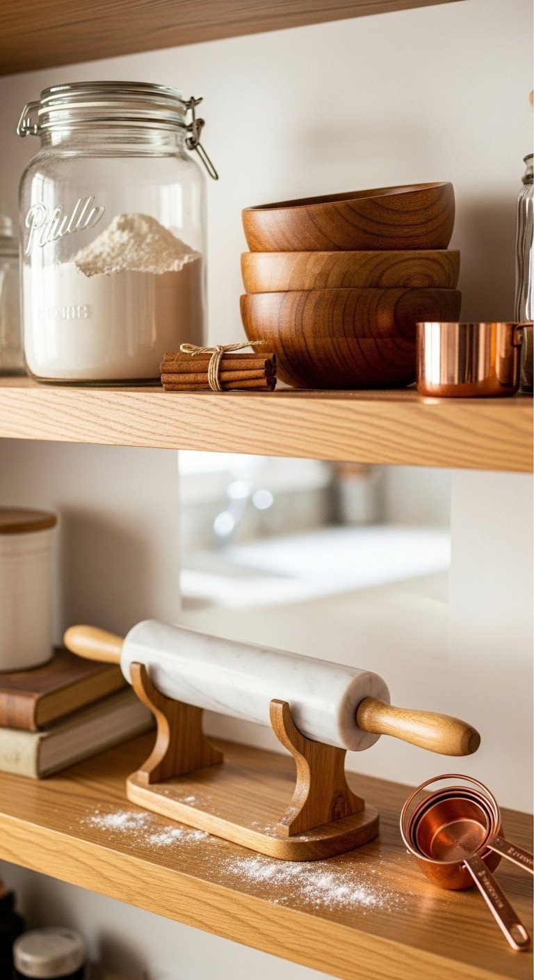 Rustic baker's corner on open wood shelves with a flour canister, marble rolling pin, and acacia wood nesting bowls.