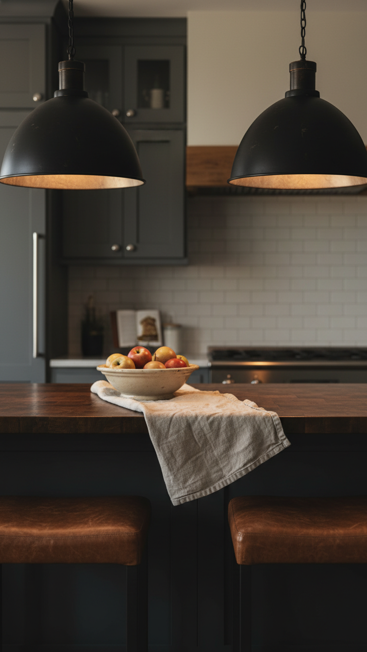 Rustic black metal pendant lights illuminate a dark wood kitchen island with leather barstools, creating a cozy farmhouse atmosphere.