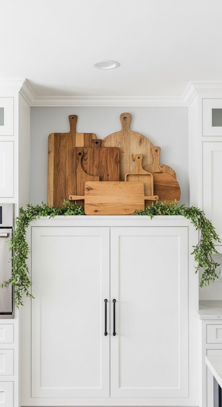 Rustic cutting boards and vintage breadboards styled as decor in the open space above white shaker kitchen cabinets.