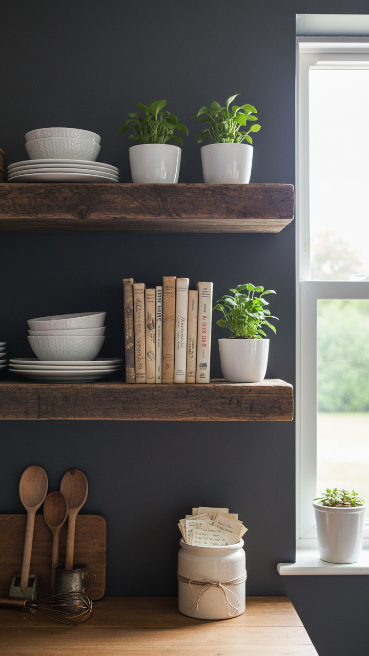 Rustic dark wood open shelves on a charcoal wall with white ceramic dishes, vintage cookbooks, and potted plants in a bright kitchen.