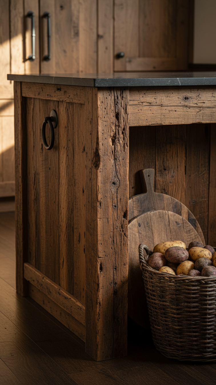 Rustic distressed dark wood kitchen island with a butcher block top, cast iron hardware, and woven potato basket, bathed in golden light.