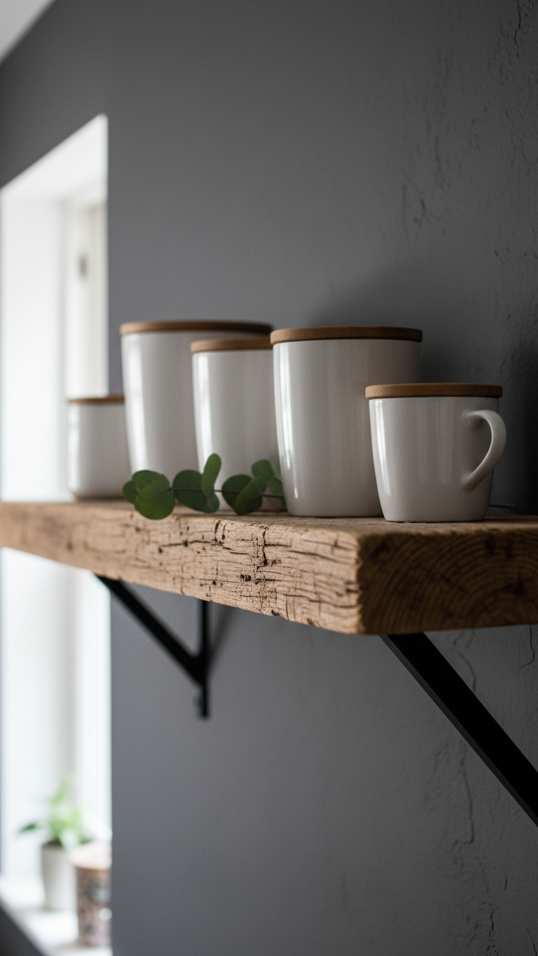 Rustic distressed wood floating shelf with white ceramic kitchenware against a charcoal gray wall, featuring pronounced wood grain.