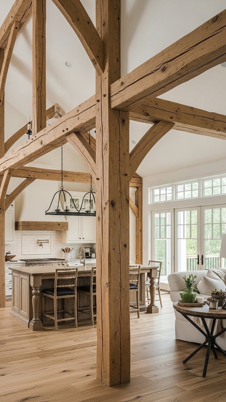 Rustic exposed wooden beams divide open concept living kitchen. Vaulted ceiling, natural wood floor, wrought iron lighting, warm tones.