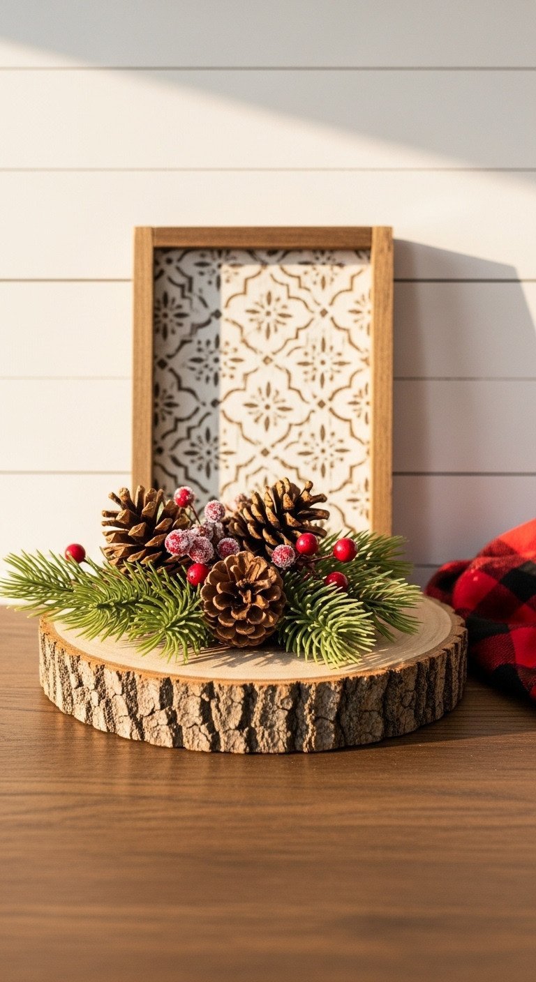 Rustic farmhouse Christmas kitchen bar decor: wooden slice with pinecones, cranberries, and distressed sign on white shiplap.