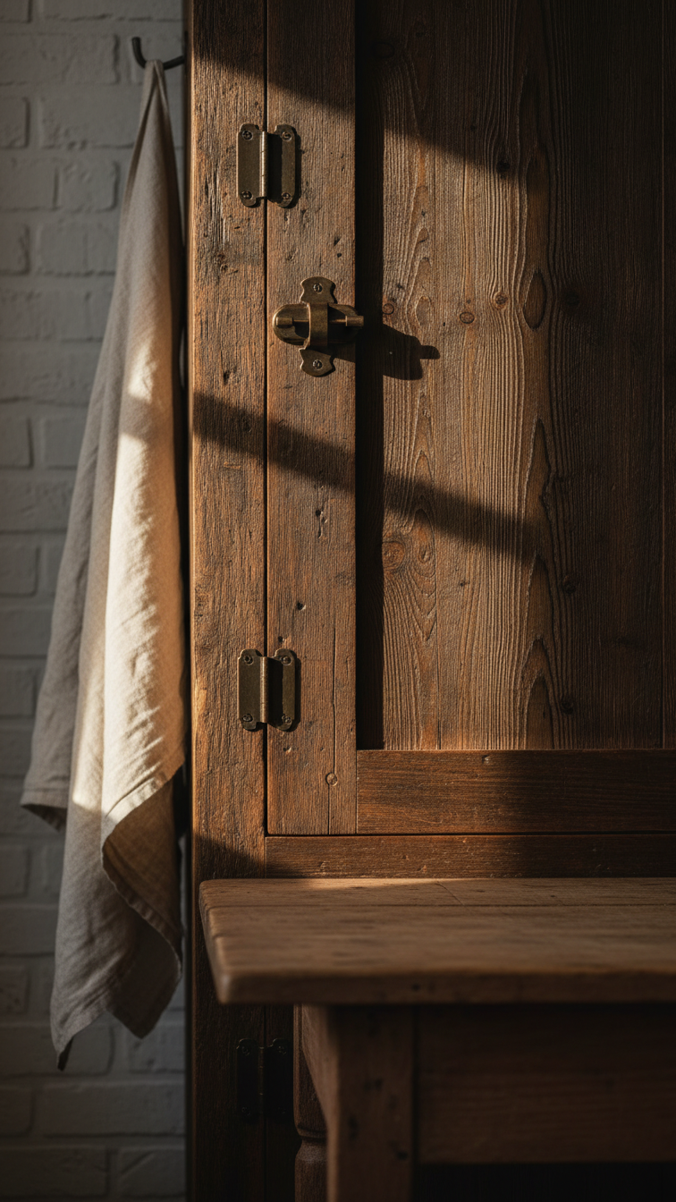 Rustic farmhouse kitchen with reclaimed distressed dark wood cabinets, heavy texture, oil-rubbed bronze latches, antique table.