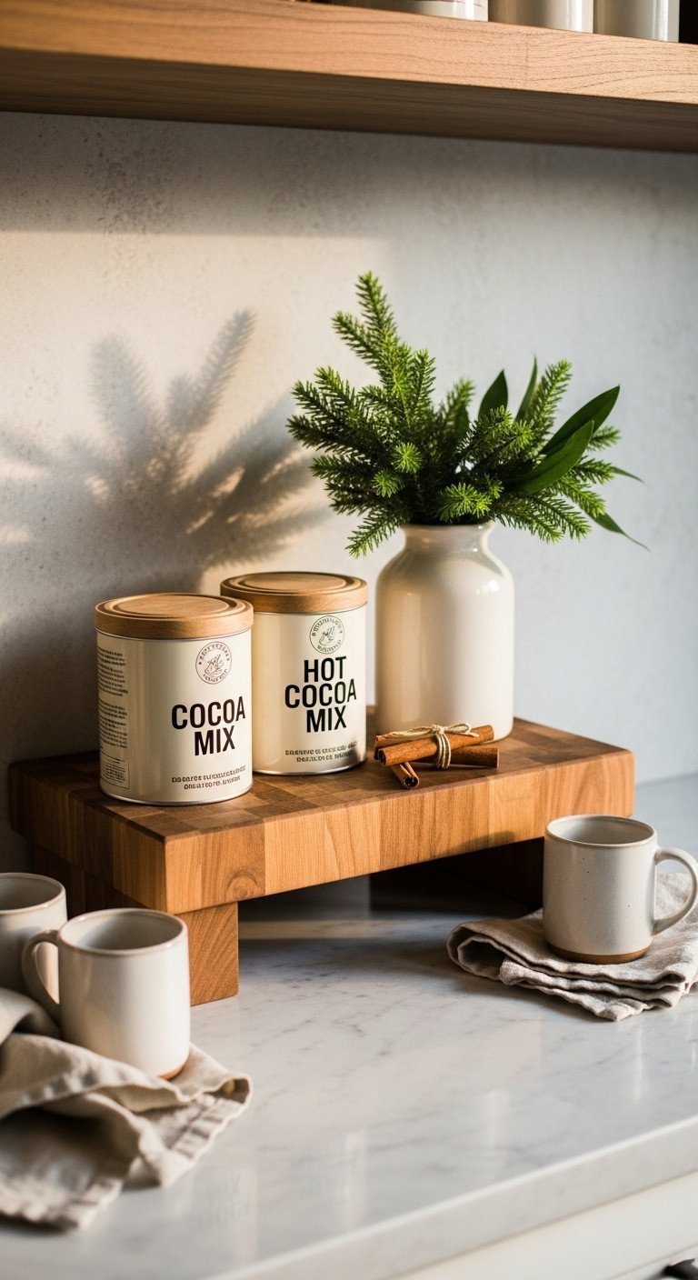 Rustic hot cocoa bar on a butcher block wood riser with cocoa canisters, greenery, linen napkins, and cinnamon sticks.