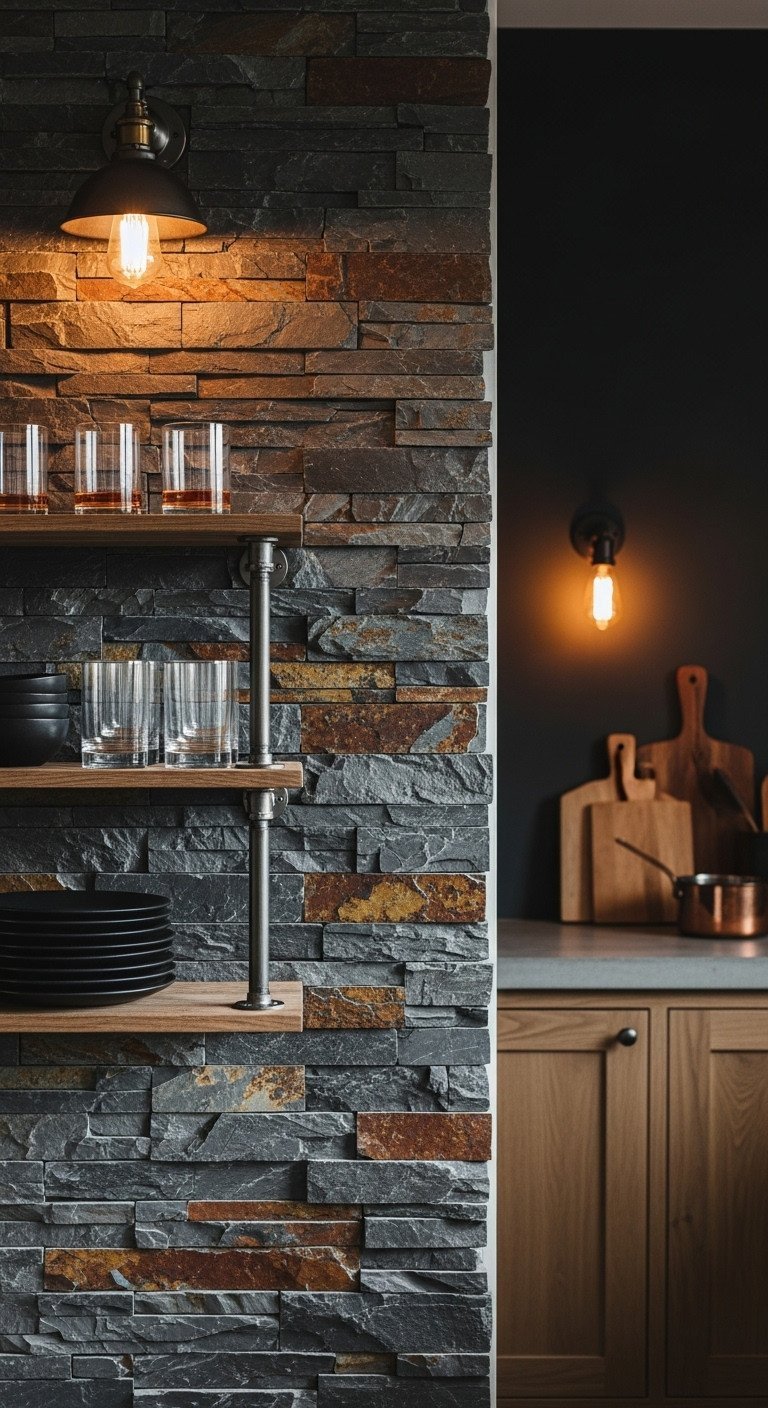 Rustic industrial kitchen features a stacked slate accent wall in charcoal and rust tones behind open pipe shelving.