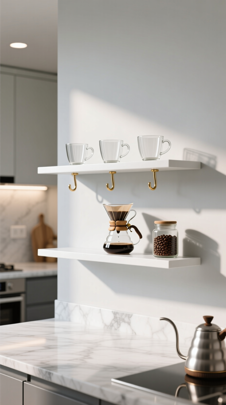 Rustic industrial pipe shelf with a cast-iron skillet, olive oil, and a hanging rail for a whisk and copper saucepan.