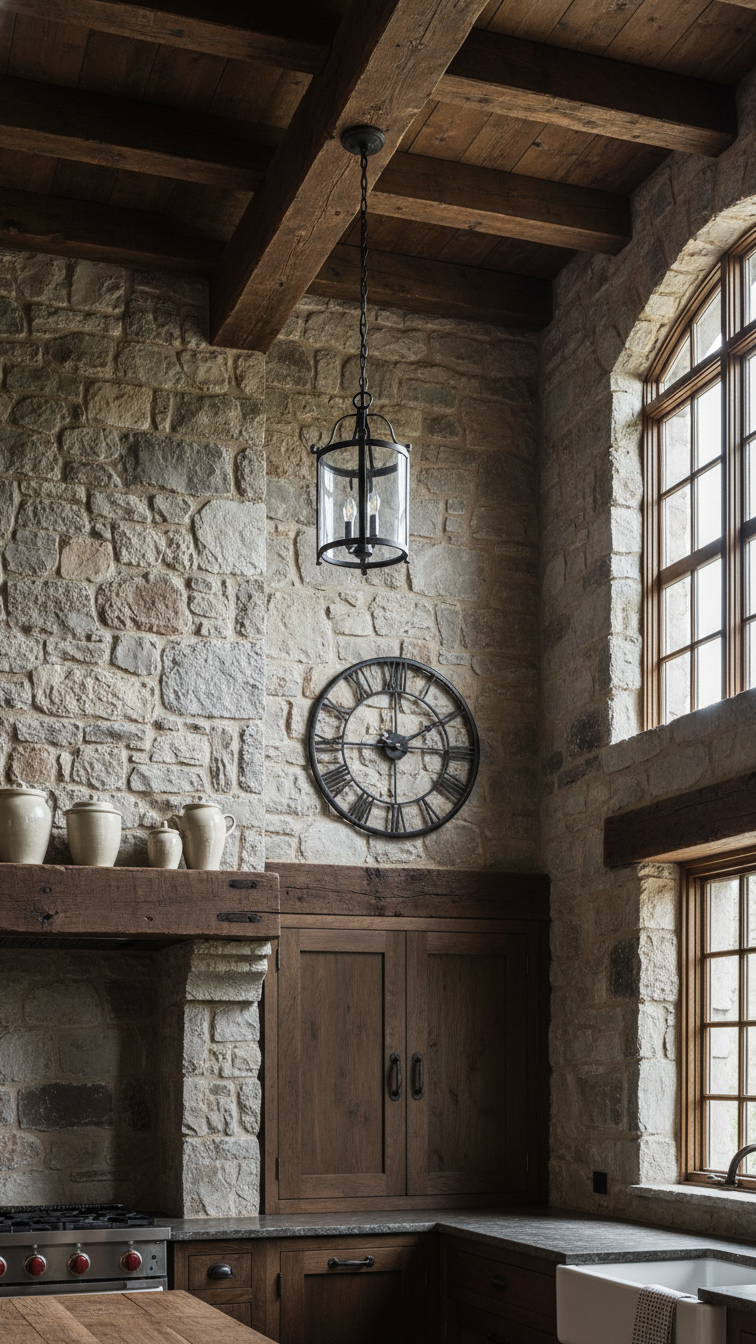 Moody Rustic Kitchen Design: The Ultimate Guide For Any Home 11 Rustic kitchen features dark exposed wood beams on a high ceiling above a textured stone wall with a large window.