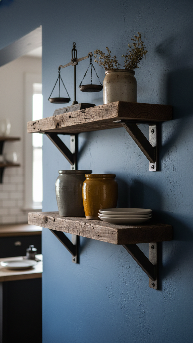 Rustic kitchen featuring two dark reclaimed wood floating shelves with matte black brackets, adorned with an antique scale and ceramic crocks.