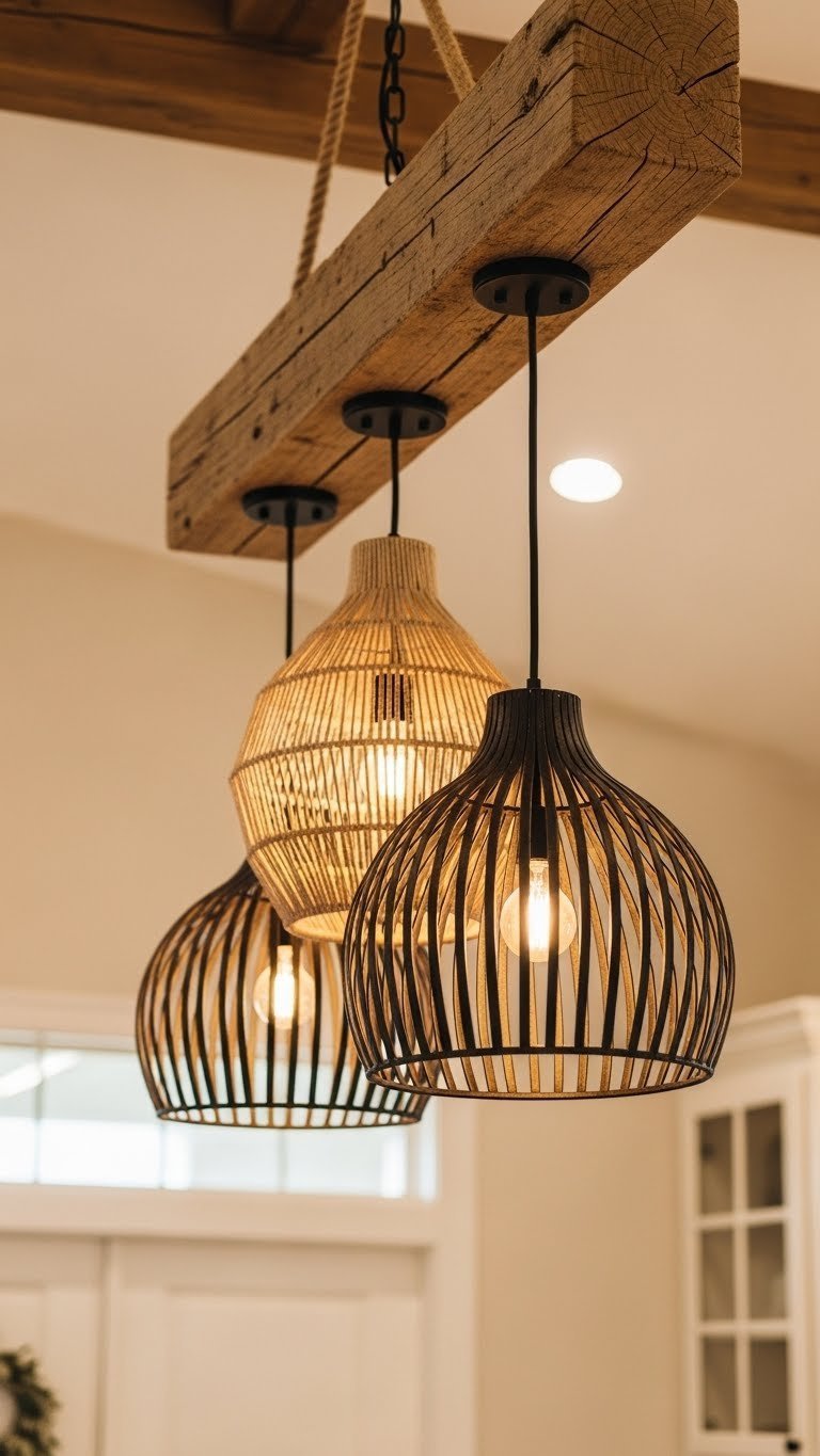 Rustic kitchen island pendant lights: woven fiber & wrought iron. Warm glow, reclaimed wood beam.