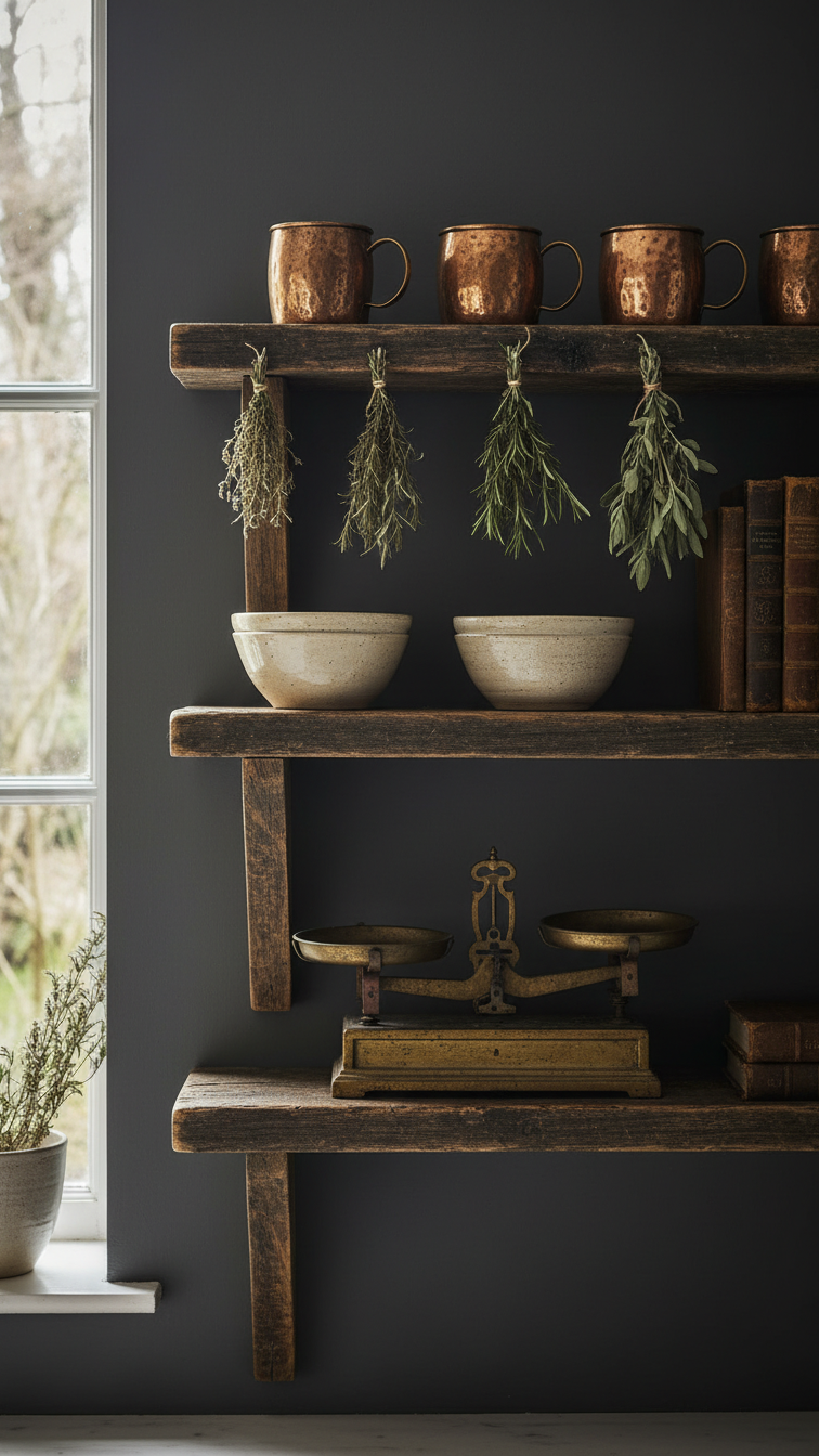 Moody Rustic Kitchen Design: The Ultimate Guide For Any Home 15 Rustic kitchen with dark reclaimed wood open shelving, featuring vintage copper mugs, stoneware, and antique scales.