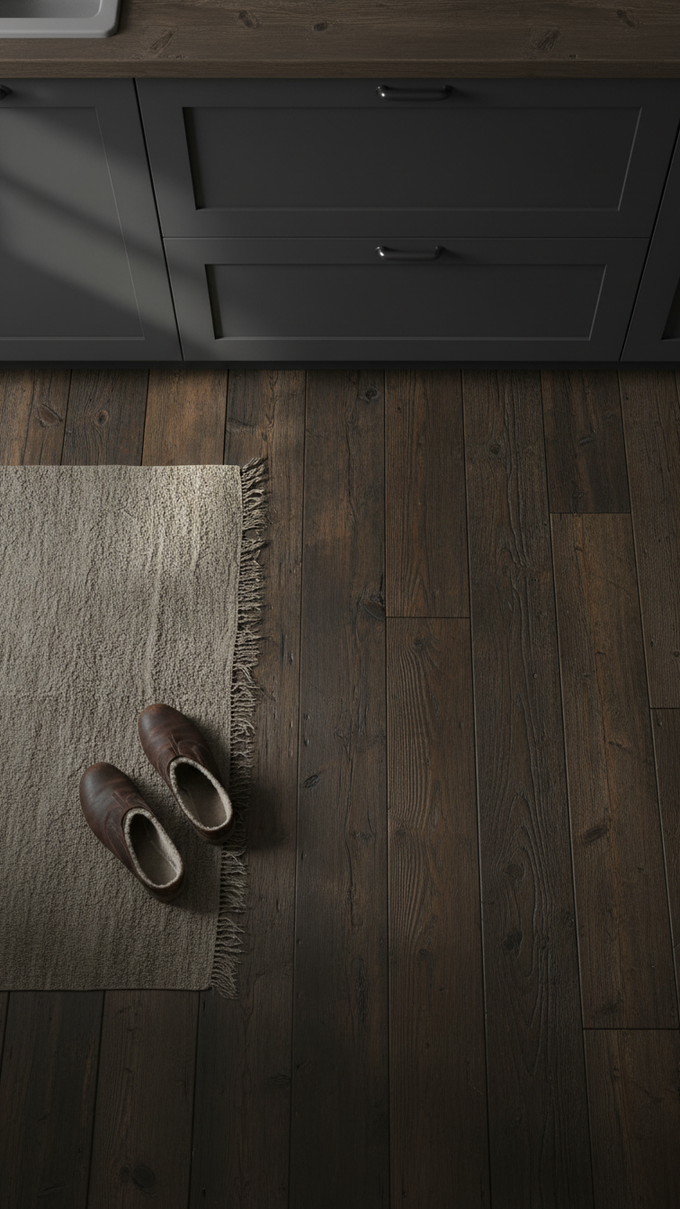 Moody Rustic Kitchen Design: The Ultimate Guide For Any Home 13 Rustic kitchen with dark wide plank wood flooring under cabinets, featuring a rough linen area rug and leather slippers.