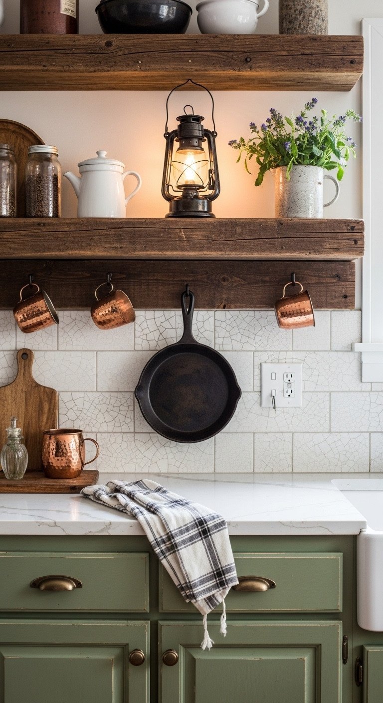 Gorgeous Green And Brown Kitchen Ideas That Wont Look Dark 11 Rustic kitchen with moss green chalk-painted cabinets, a reclaimed wood shelf, and hanging copper mugs and a skillet.