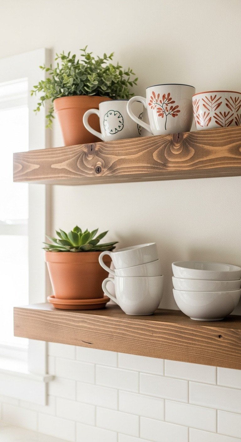 Rustic knotty pine floating shelves styled with ceramic mugs and succulents on a cream wall in a Southwestern kitchen.