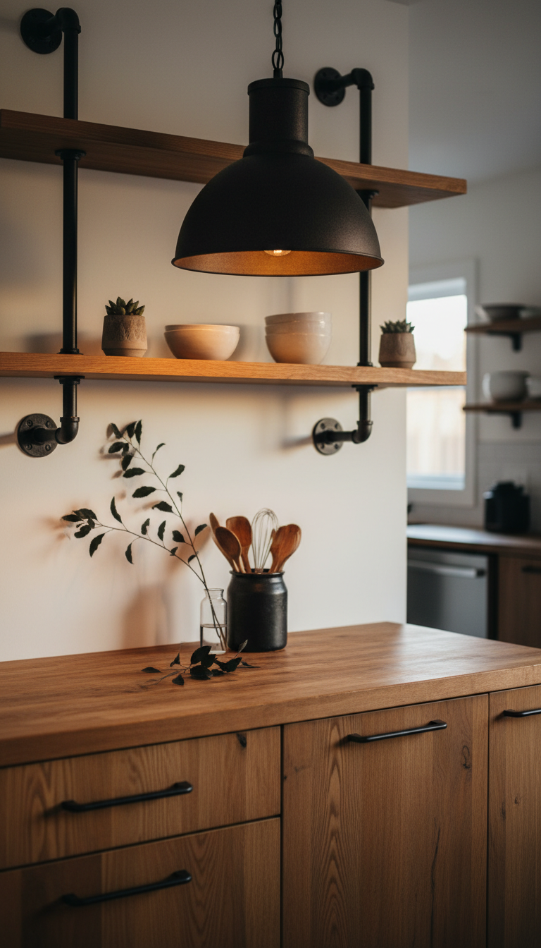 Rustic modern kitchen: wood cabinets, industrial dark metal fixture. Earthy tones, ceramic holder, dark branches.