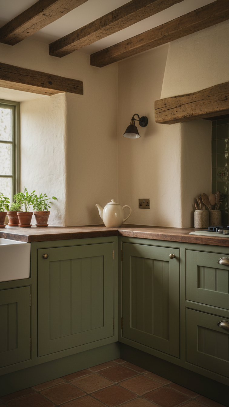 Rustic olive green beadboard cabinets, exposed wood beams, terracotta flooring. Cozy kitchen aesthetic with natural textures.