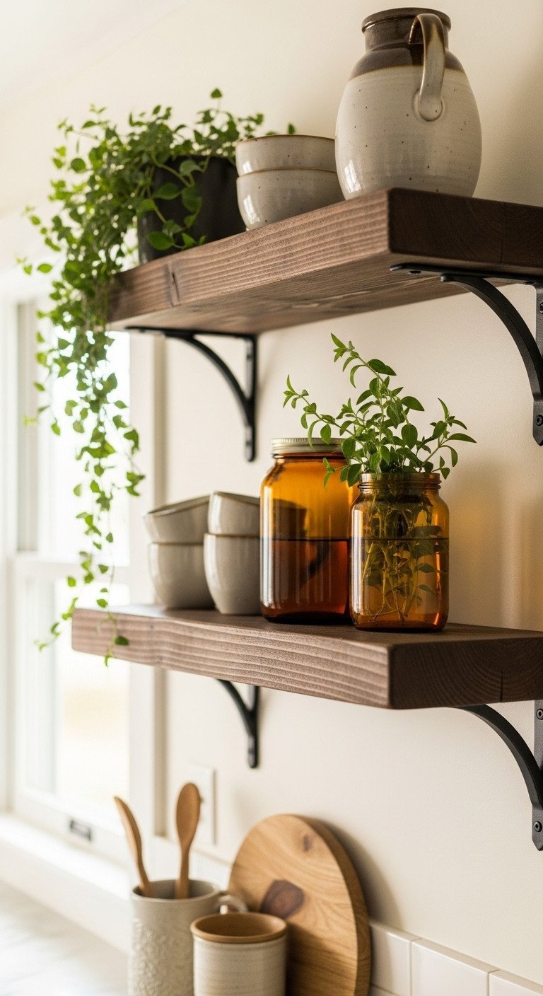 Rustic open kitchen shelves made of dark reclaimed wood and black iron brackets, styled with ceramic mugs and glass jars.
