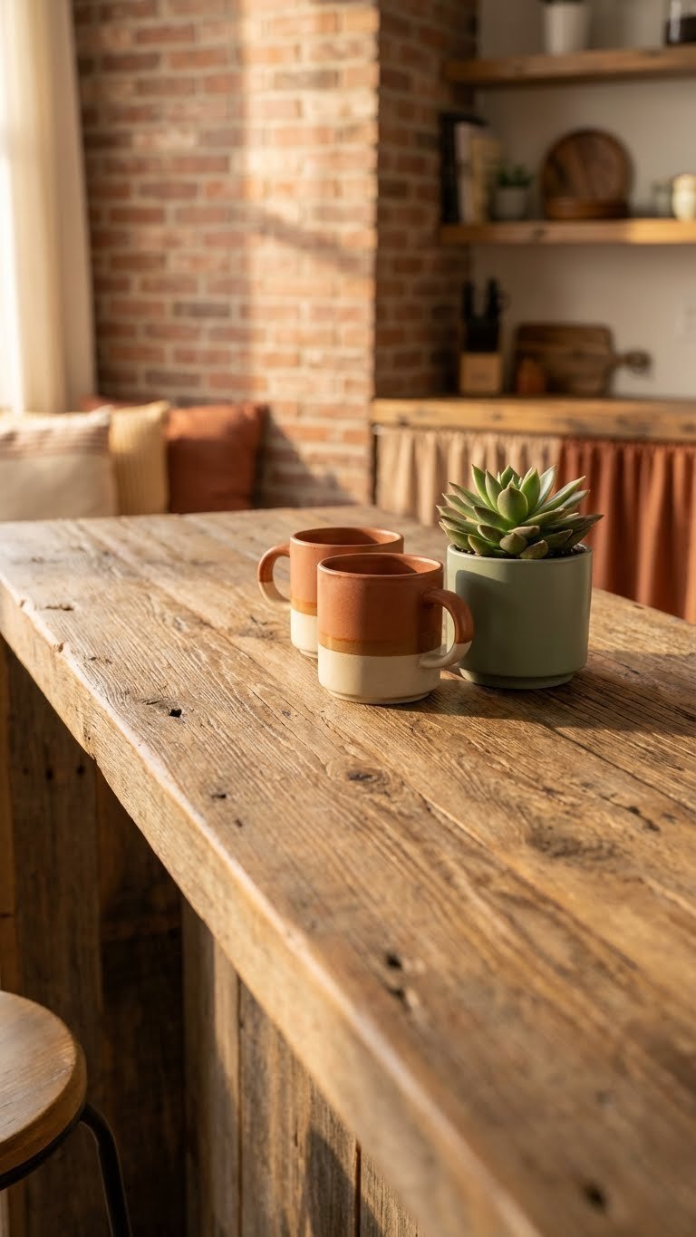 Rustic reclaimed wood bar counter showcasing rich texture, paired with ceramic mugs and a succulent, in warm golden hour light.