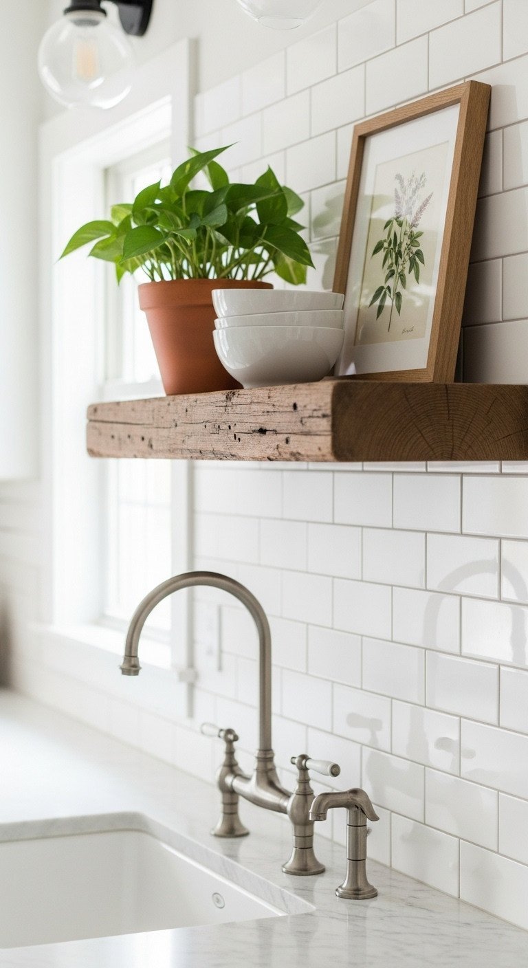 Rustic reclaimed wood floating shelf on a white subway tile wall, a modern farmhouse kitchen decor idea above the sink.