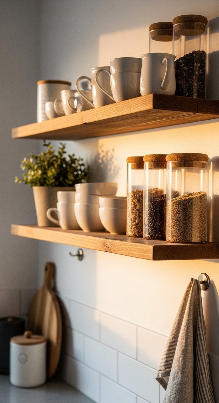 Beautiful Cottage Core Kitchen Decor Ideas For A Cozy Space 5 Rustic reclaimed wood floating shelf with white ceramic mugs and pantry jars styled on a white tiled cottagecore kitchen wall.