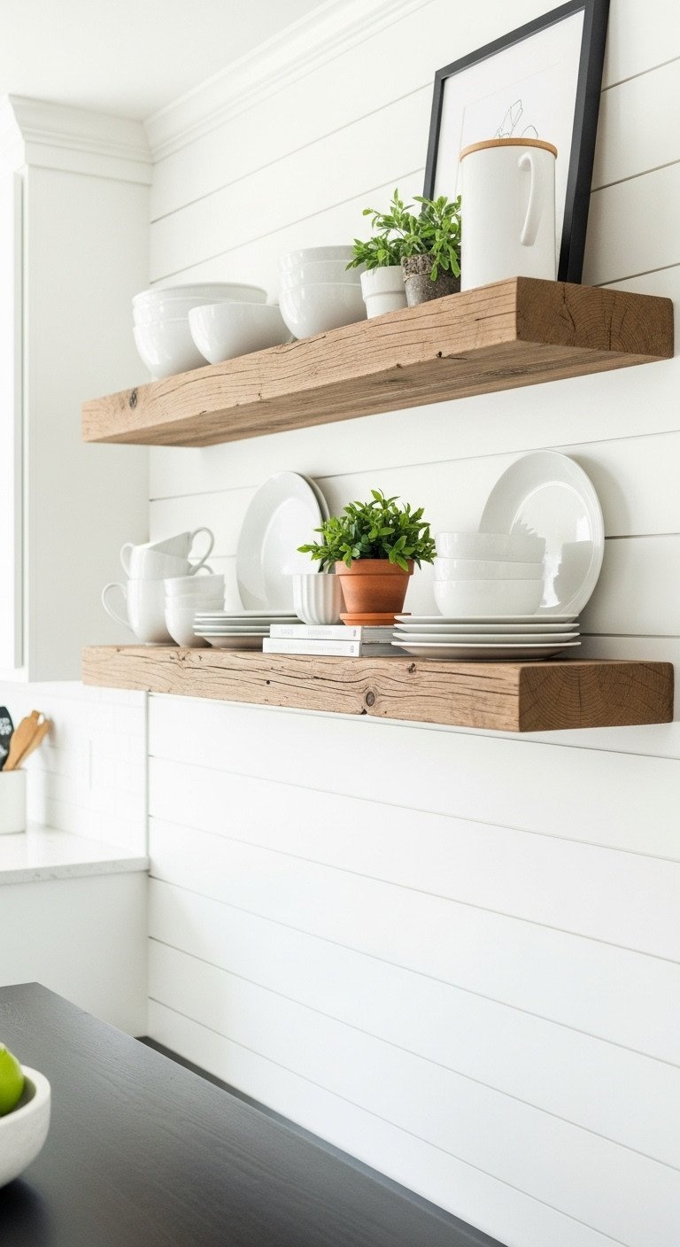 Rustic reclaimed wood floating shelves styled with white dishes and plants on a white shiplap wall in a farmhouse kitchen.