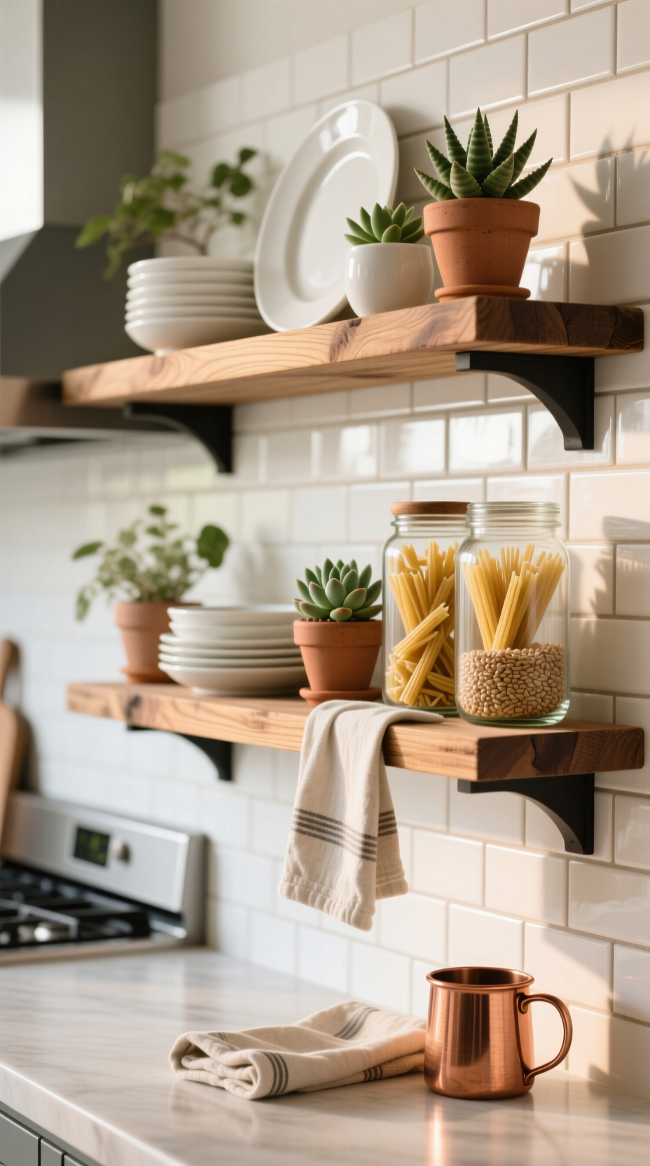 Rustic reclaimed wood floating shelves with white dishes and succulents on a white subway tile kitchen backsplash.