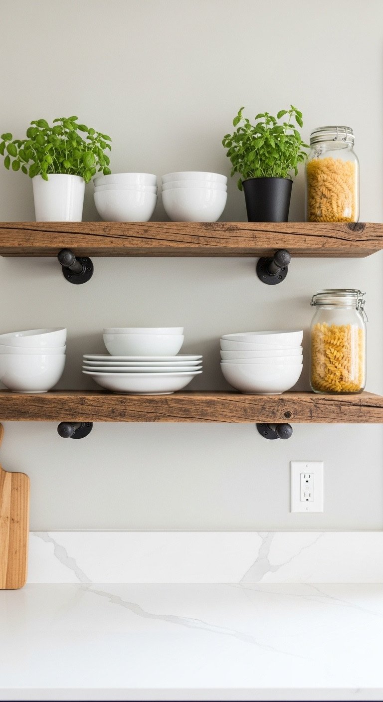 Rustic reclaimed wood open kitchen shelves with black industrial pipe brackets, styled with white dishes and potted herbs.