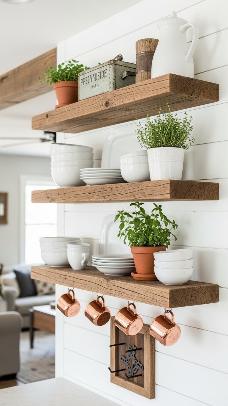 Rustic reclaimed wood open shelving, white dishes, potted herbs. Shiplap kitchen wall, copper mugs.