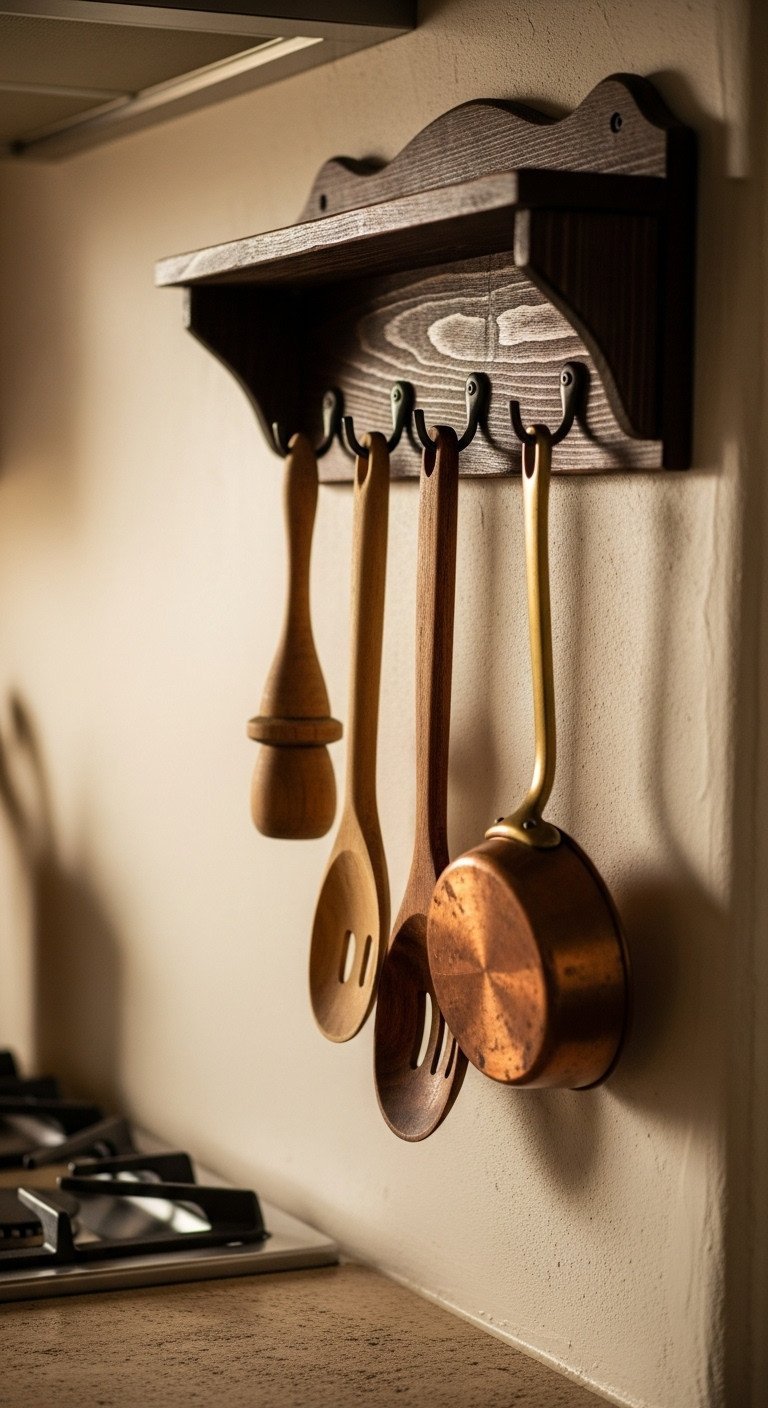 11 Stunning Mexican Kitchen Decor Ideas For A Tasteful Home 19 Rustic reclaimed wood rack on a plaster wall with Mexican cooking tools like a molinillo whisk and carved wooden spoons.