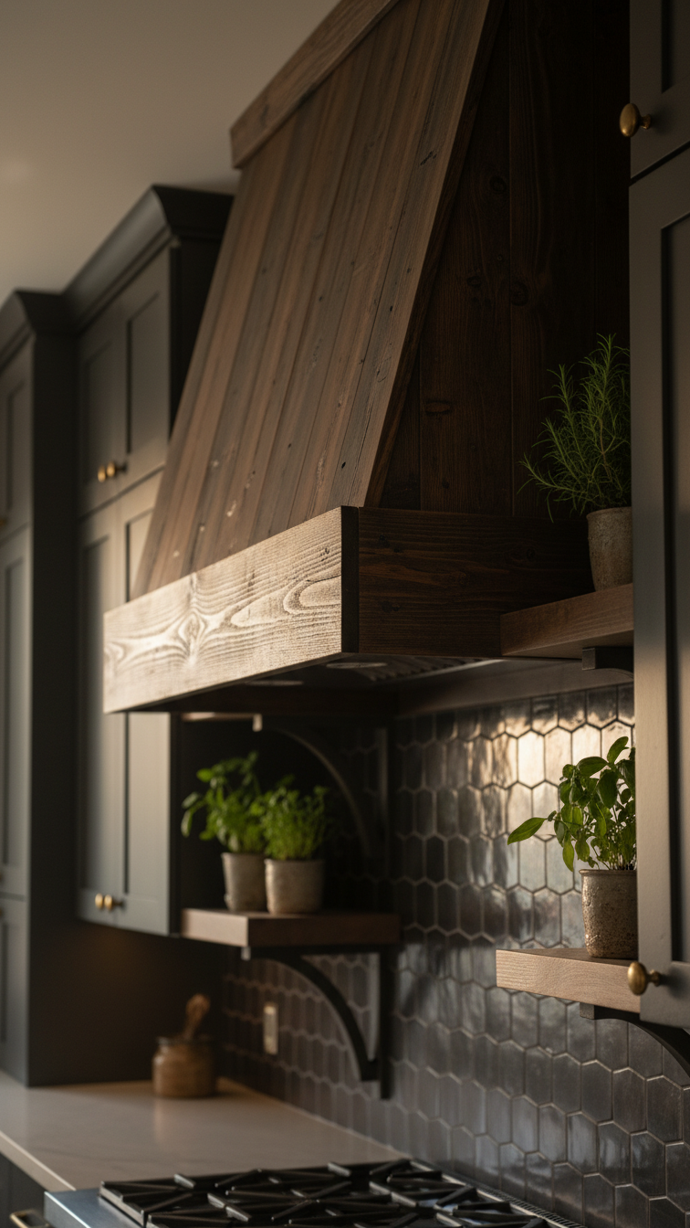 Rustic reclaimed wood range hood in dark walnut, modern farmhouse kitchen with open shelving, dark zellige tile backsplash, potted greenery.
