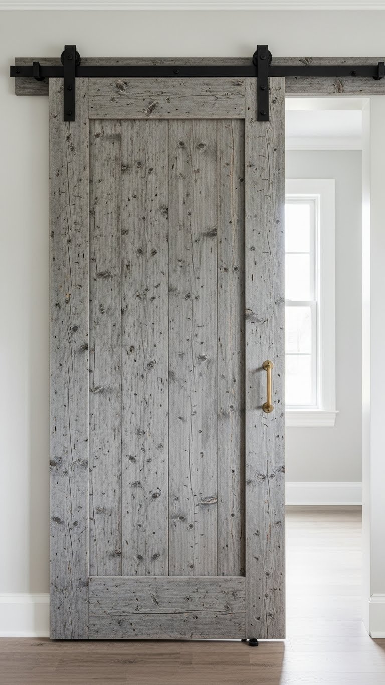 Rustic sliding barn door, distressed gray wood, black wrought iron hardware. Open concept, wood floor.