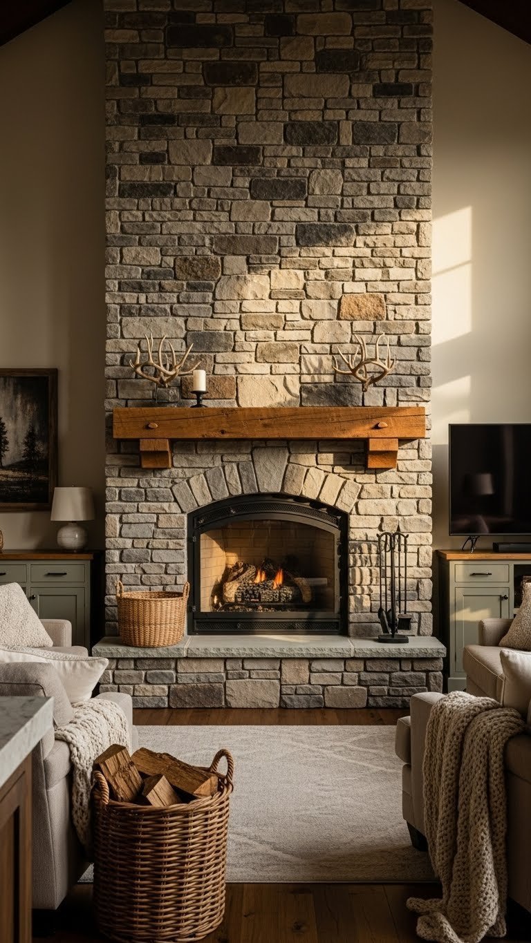 Rustic stone fireplace, fieldstone & timber mantel. Open concept living room, dark wood floor, warm light.