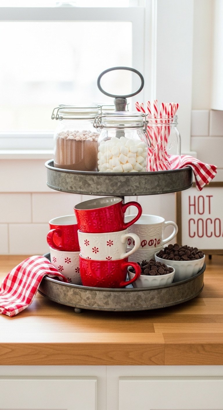 Rustic two-tiered tray hot cocoa bar with jars of cocoa, marshmallows, and festive red mugs on a butcher block counter.