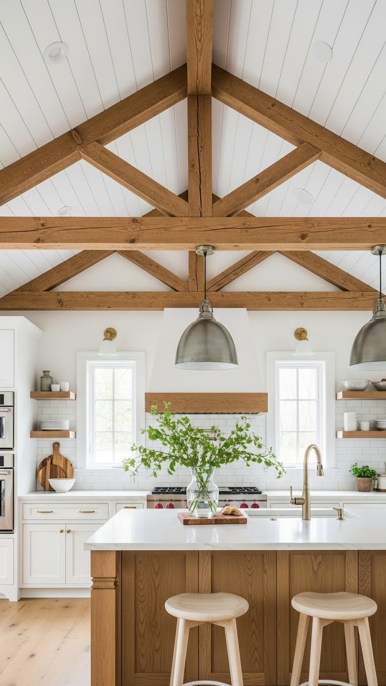 Rustic vaulted ceiling with exposed wood beams, white shiplap, and sleek kitchen cabinetry. Bright open plan living with natural wood tones.