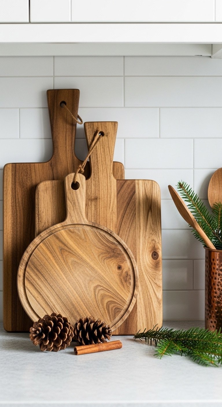 Rustic wood cutting boards lean on a white tiled kitchen backsplash, with pine cones, cinnamon, and evergreen sprigs.