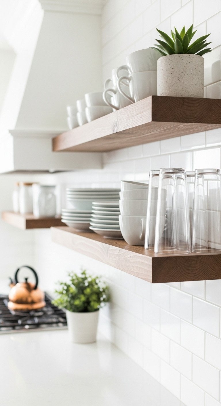 Rustic wood floating shelves on a white subway tile wall, styled with white ceramic plates, mugs, and a small green succulent.