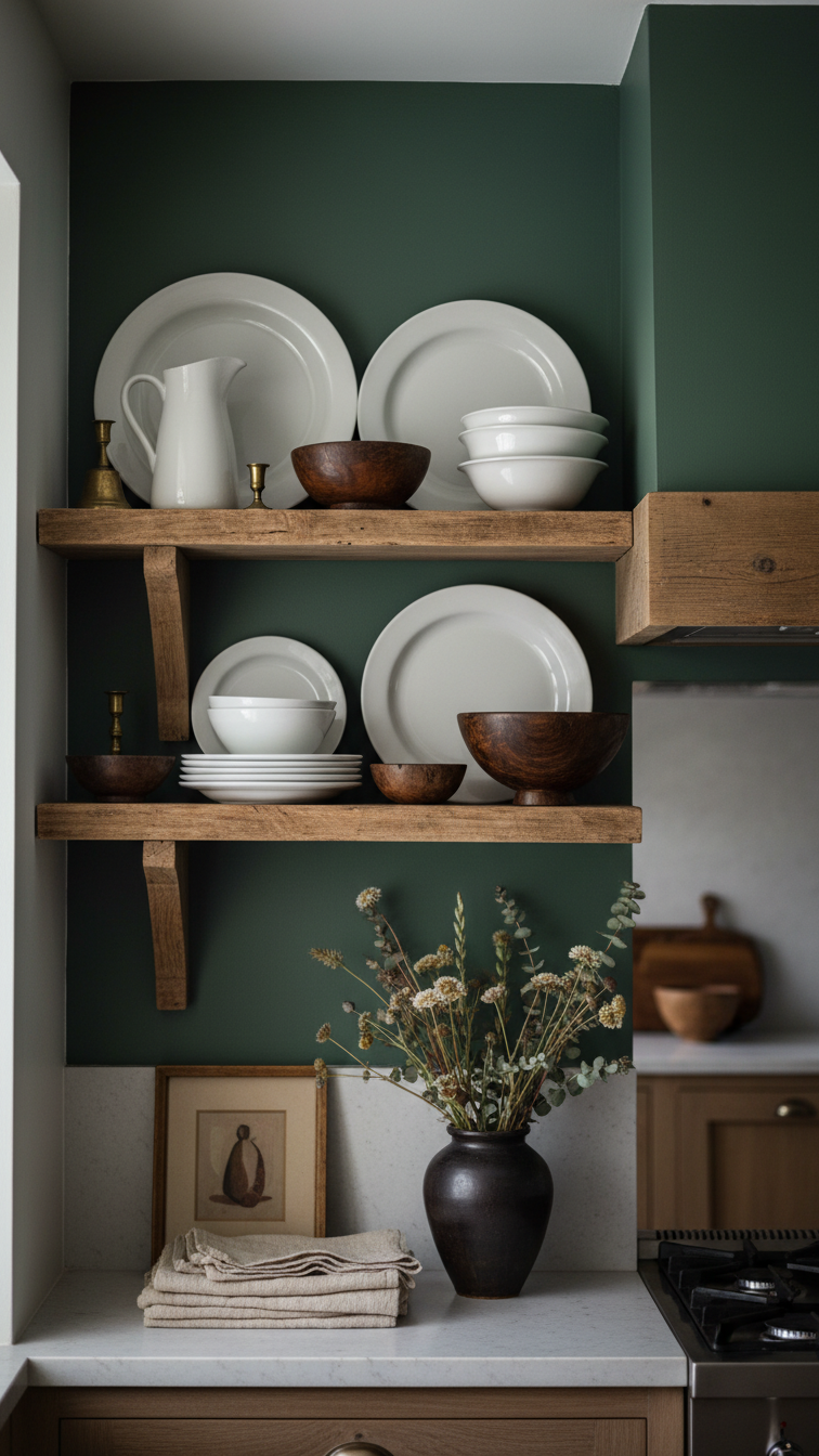Rustic wood open shelves on a forest green wall, styled with vintage white ironstone, dark bowls, and antique brass.