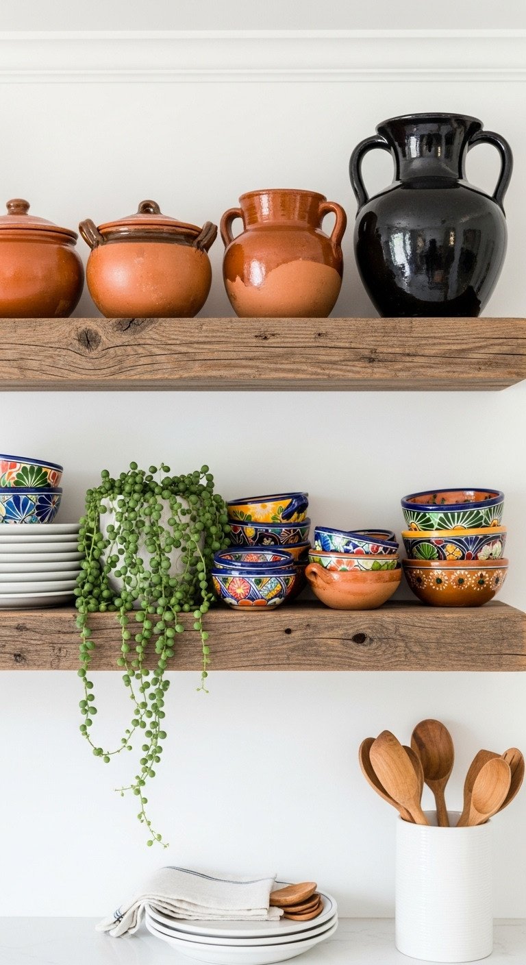 11 Stunning Mexican Kitchen Decor Ideas For A Tasteful Home 9 Rustic wood open shelves styled with a collection of Mexican pottery, including terracotta pots and a black Barro Negro vase.