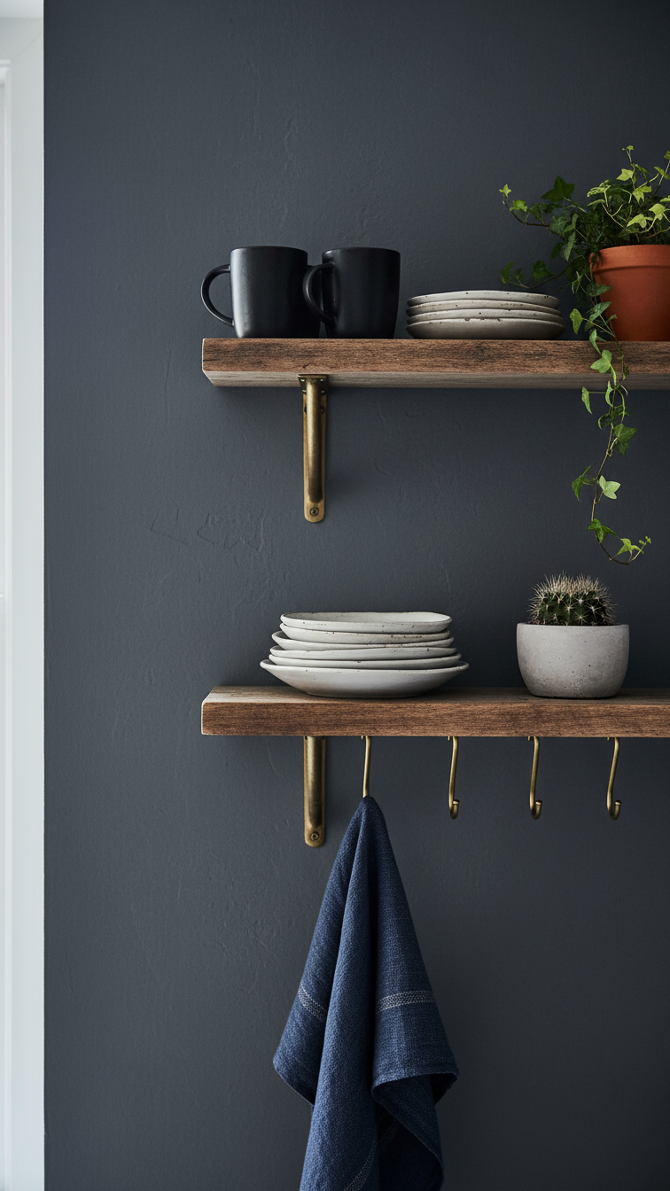 Rustic wood open shelving against a dark wall, styled with dark ceramic mugs, white dishes, and small potted plants.