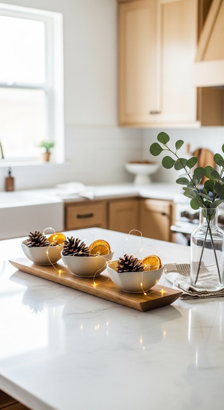 Rustic wood tray with pinecones, dried oranges, LED fairy lights on a modern white marble kitchen island. Minimalist natural decor.