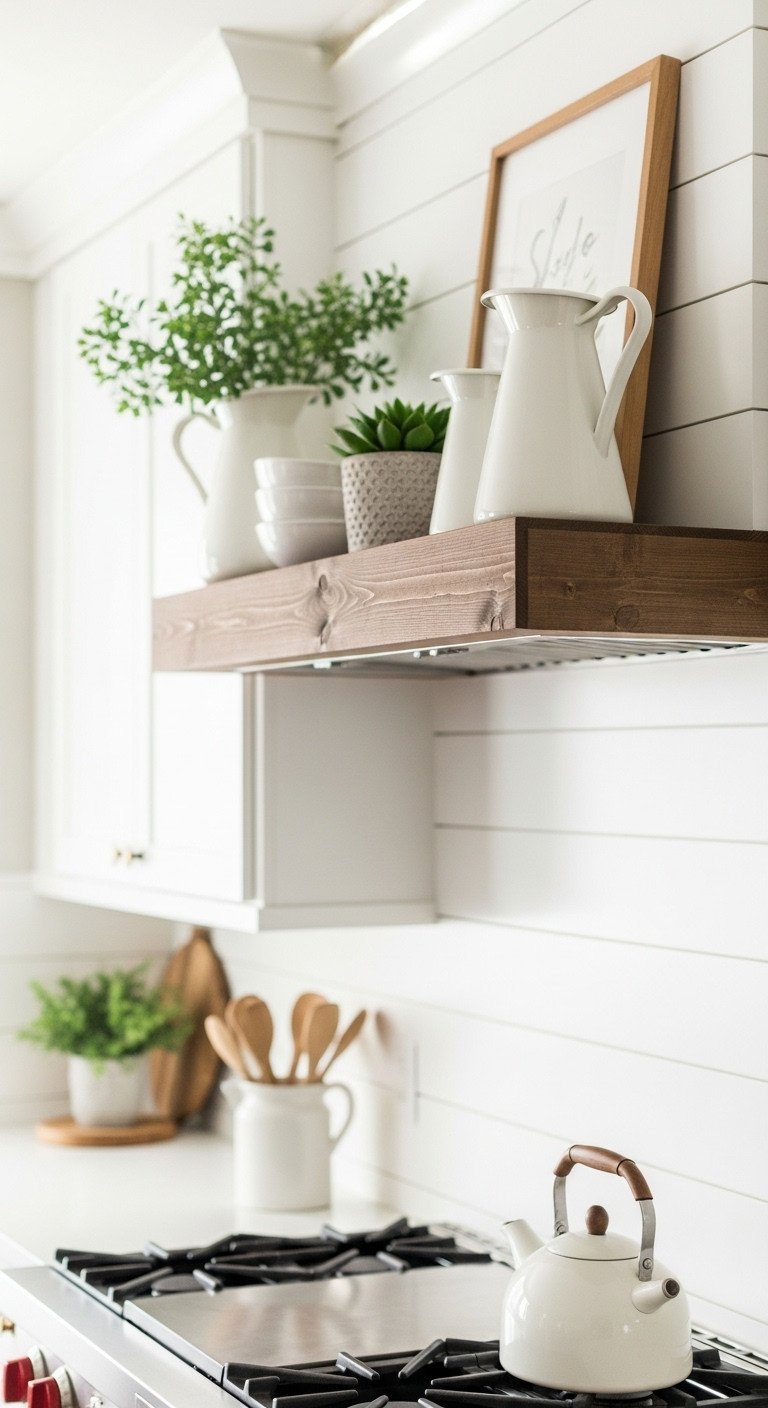 Rustic wooden floating shelf styled with ceramics and a plant, mounted on a white shiplap wall in a farmhouse kitchen.