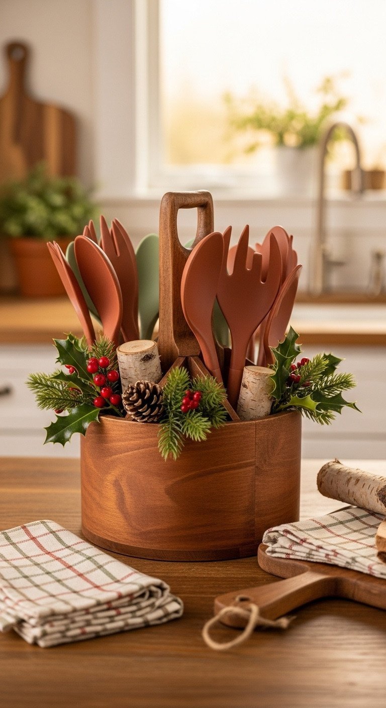 Rustic wooden utensil caddy repurposed for Christmas, filled with holly, dried berries, birch logs on wooden table.