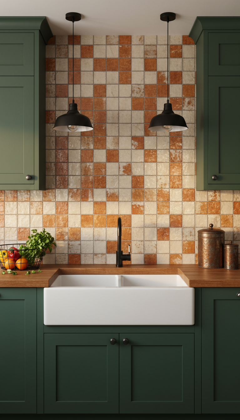 Rustic zellige tile backsplash with navy shaker cabinets, farmhouse sink, industrial light, produce basket, cozy.