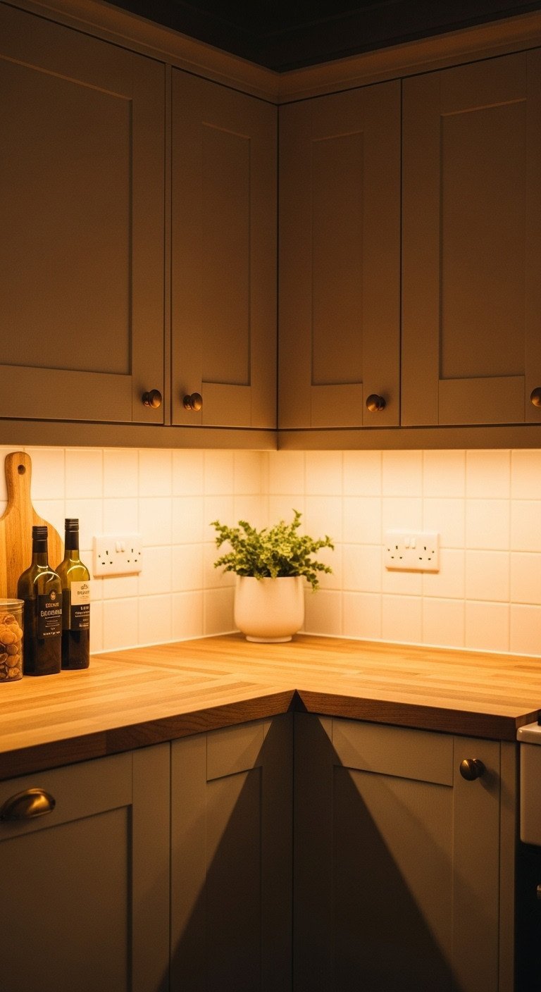 Sage green cabinets and butcher block countertop with warm under-cabinet LED lighting, creating a cozy kitchen ambiance.