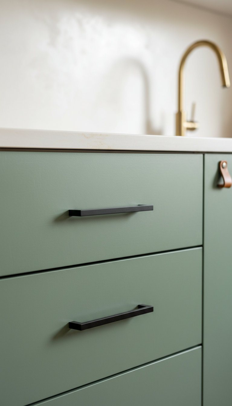 Sage green flat-panel cabinets, minimalist brass hardware. Modern earthy kitchen with subtle leather handle detail.