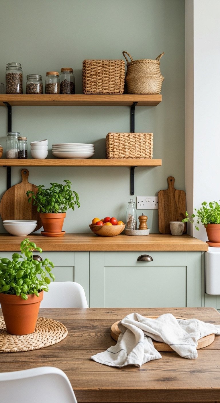 Sage green kitchen walls showcase butcher block, wood shelves, woven baskets, herbs. Layered natural textures for cozy, earthy kitchen design.