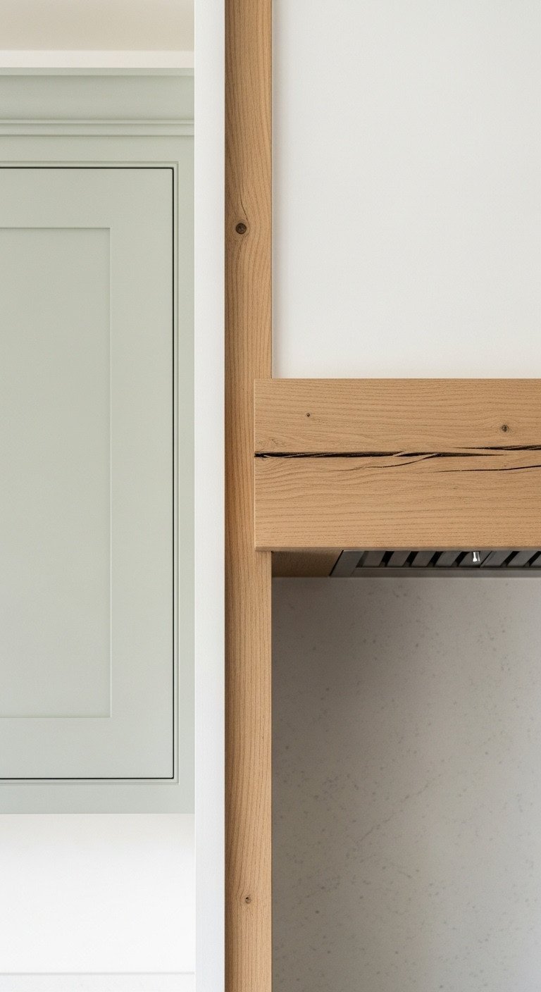 Sage green shaker & flat-panel cabinets juxtaposed with textured natural wood trim, highlighting diverse kitchen styles.